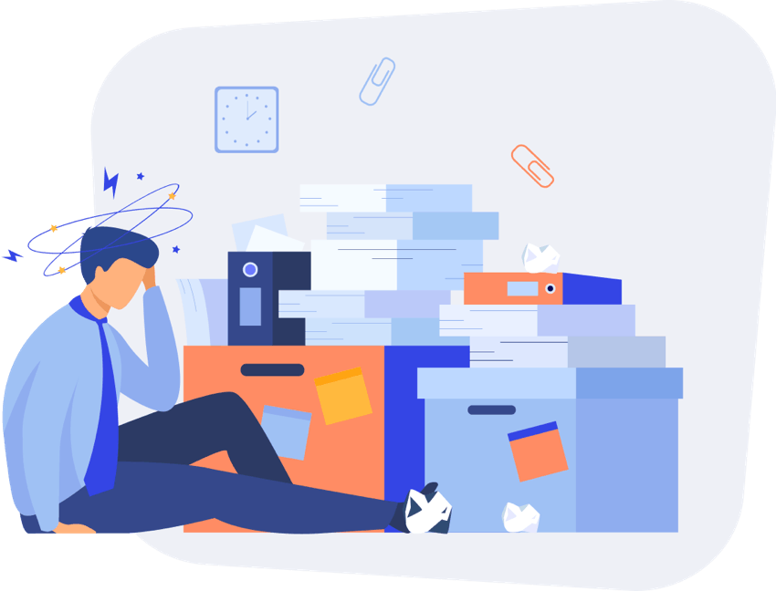 An illustration of a frustrated person surrounded by documents.